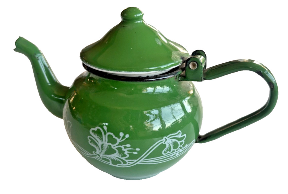 Vintage Small Green Floral Enamelware Hinged-Top Teapot 05L